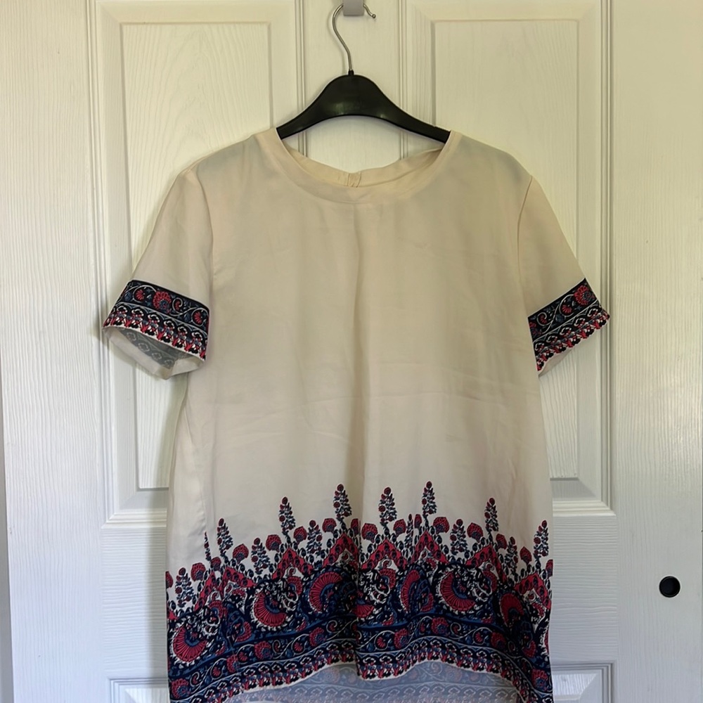 Ivory short sleeve work blouse with blue and pink detailing